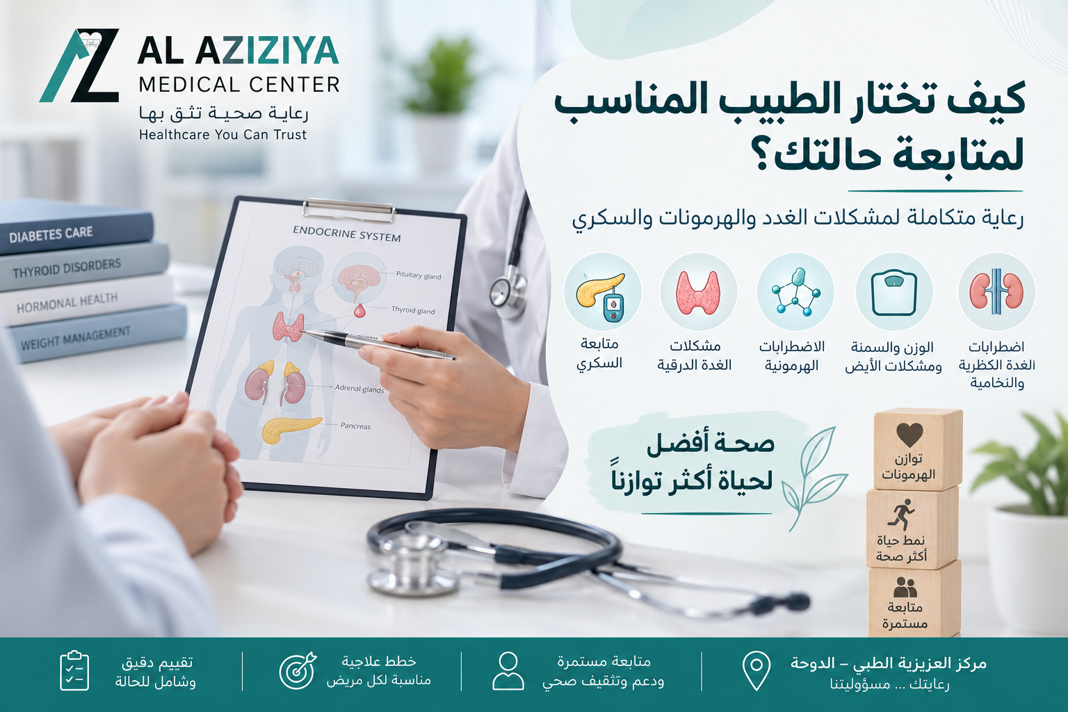 
Endocrinology and diabetes consultation for thyroid, hormonal and blood sugar follow-up at Al Aziziya Medical Center in Doha
