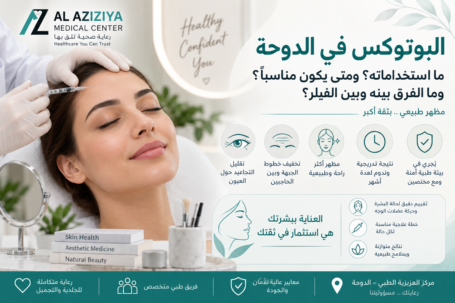 
استشارة تجميلية حول البوتوكس والفيلر وتجديد البشرة في قسم الجلدية والليزر بمركز العزيزية الطبي في الدوحة
