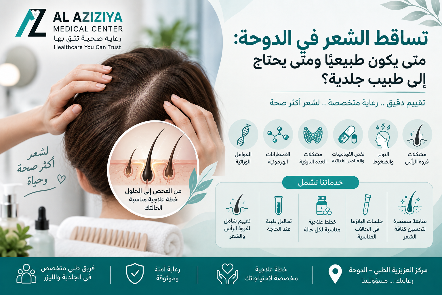 
Hair loss and scalp assessment at Al Aziziya Medical Center Dermatology and Laser Department in Doha
