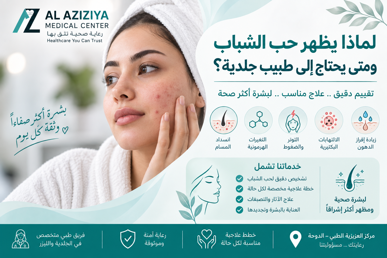 
تشخيص وعلاج حب الشباب وآثاره والتصبغات في قسم الجلدية والليزر بمركز العزيزية الطبي في الدوحة
