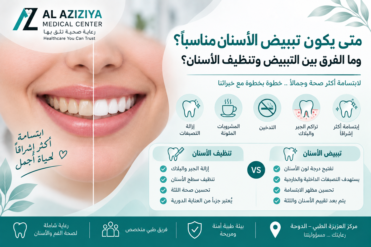
Teeth whitening, professional dental cleaning and tartar removal at Al Aziziya Medical Center in Doha
