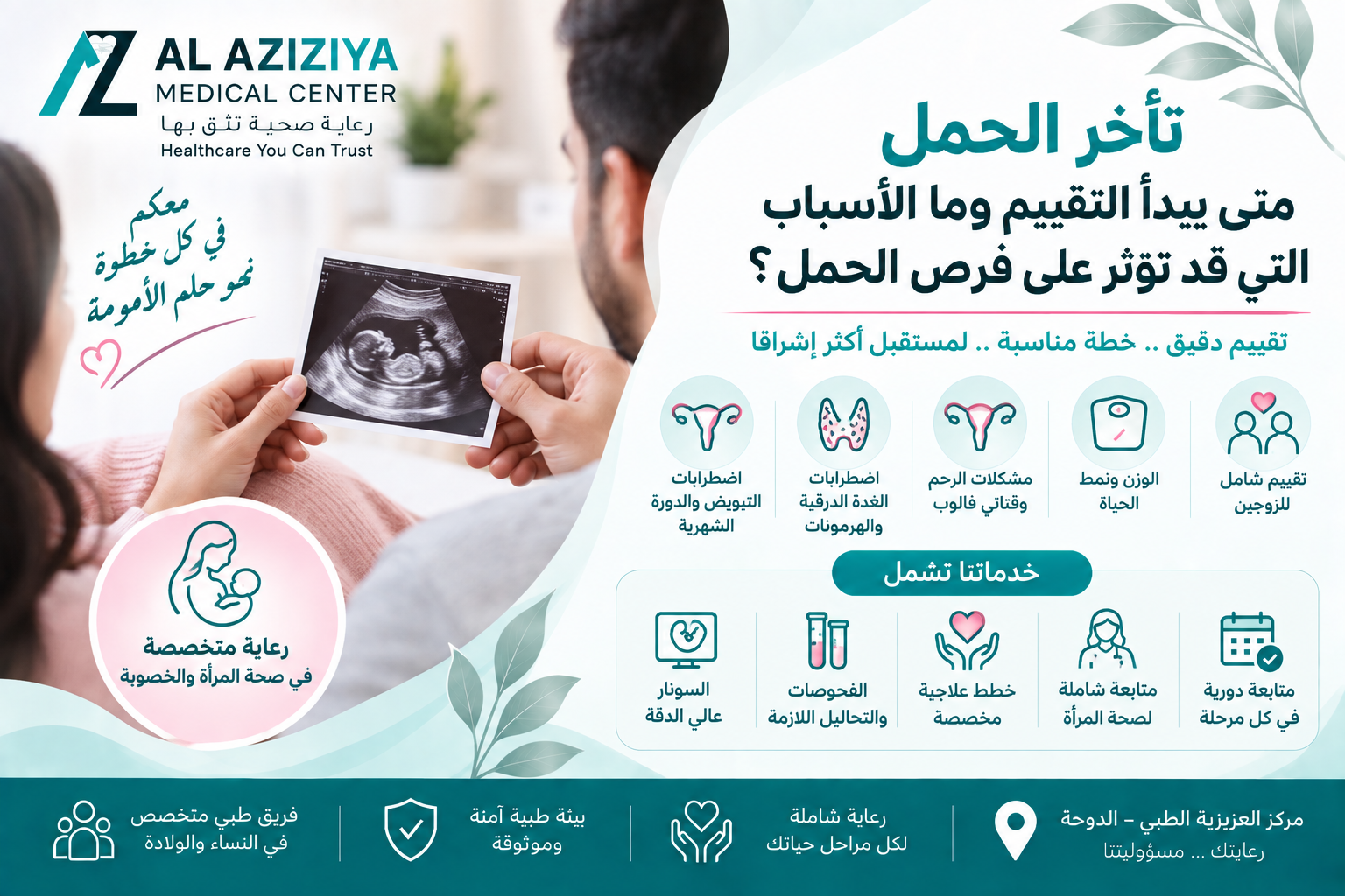 تقييم تأخر الحمل والخصوبة والسونار والصحة الإنجابية في قسم النساء والولادة بمركز العزيزية الطبي في الدوحة