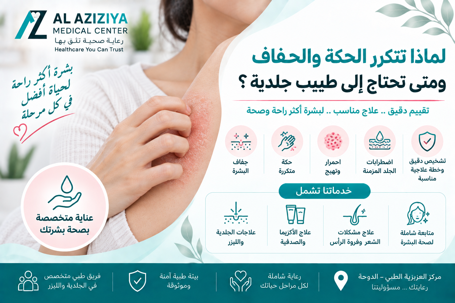 Eczema, dry skin, itching and sensitive skin assessment at Al Aziziya Medical Center Dermatology Department in Doha