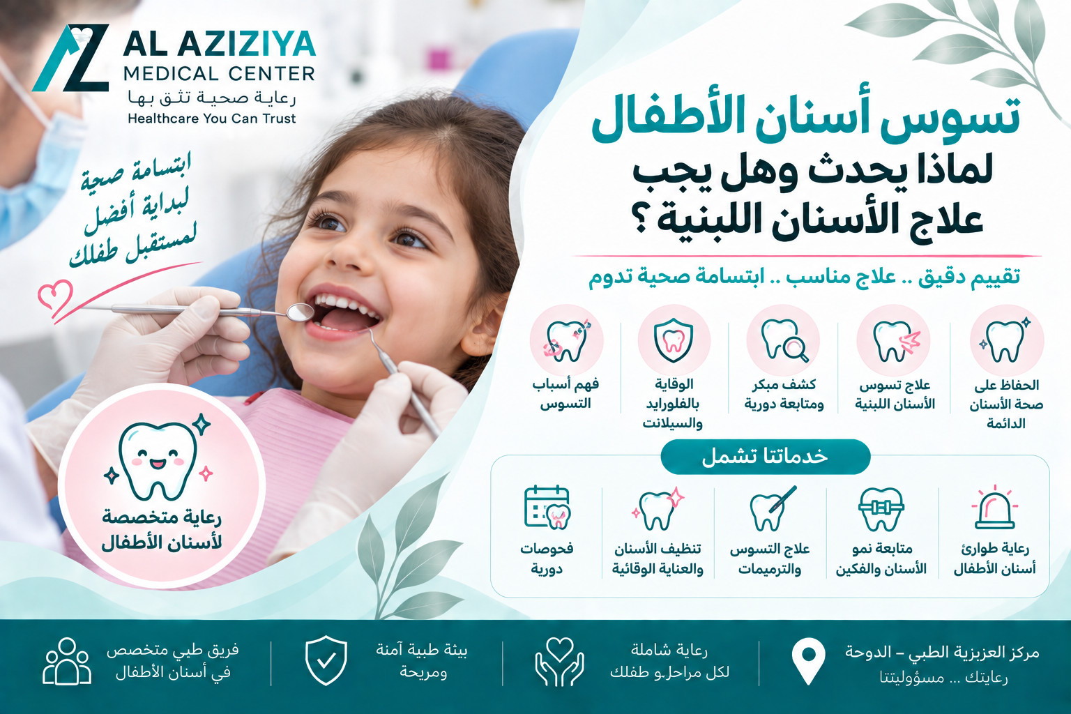 Baby tooth decay, pediatric dental treatment, fluoride and sealants at Al Aziziya Medical Center in Doha